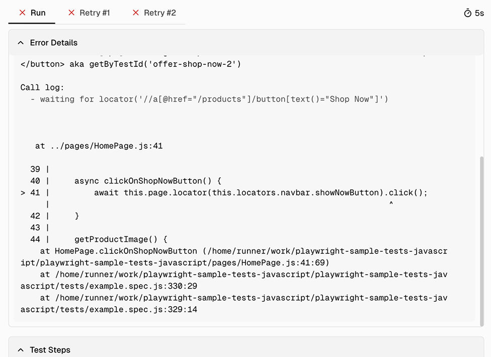 Error details and test steps with full call context